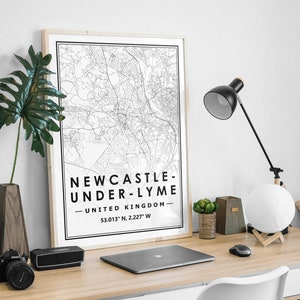 NEWCASTLE-UNDER-LYME, carte du Royaume-Uni, décoration minimaliste scandinave nordique, impression d'oeuvres d'art pour le salon, la chambre et la cuisine