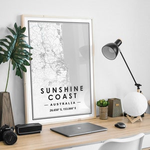 Carte SUNSHINE COAST AUSTRALIA Imprimer décoration minimaliste scandinave nordique de la maison, Salon, chambre à coucher, impression d’œuvres d’art de cuisine