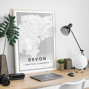 Mapa de DEVON UK decoración minimalista del hogar nórdico escandinavo, sala de estar, dormitorio, impresión de obras de arte de cocina Impresiones de mapas