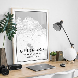 La carte GREENOCK ECOSSE imprime une décoration minimaliste scandinave nordique pour la maison, salon, chambre à coucher, impression d'œuvres d'art de cuisine