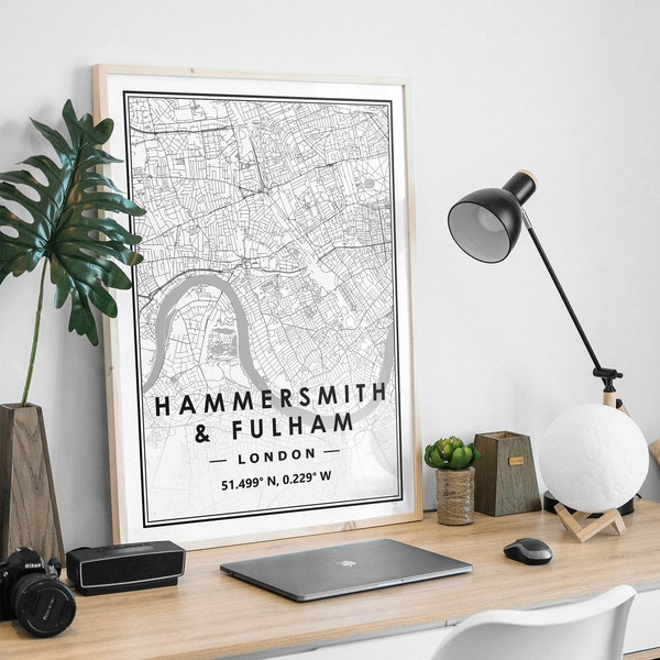 HAMMERSMITH & FULHAM Londres Reino Unido mapa minimalista decoración nórdica escandinava del hogar, sala de estar, dormitorio, impresión de obras de arte de cocina