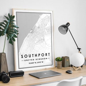 Carte minimaliste de SOUTHPORT UK, décoration scandinave nordique pour la maison, impression d'oeuvres d'art pour le salon, la chambre et la cuisine, impressions de cartes