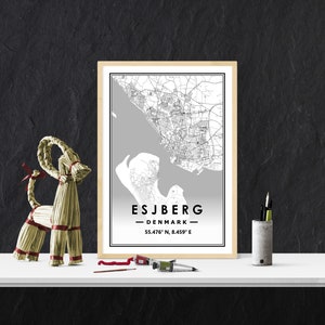 ESJBERG DINAMARCA mapa minimalista decoración nórdica escandinava del hogar, sala de estar, dormitorio, impresión de obras de arte de cocina