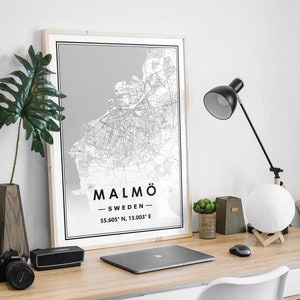 MALMÖ SCHWEDEN Karte minimale skandinavische nordische Wohndekoration, Wohnzimmer, Schlafzimmer, Küche Kunstwerk Druck