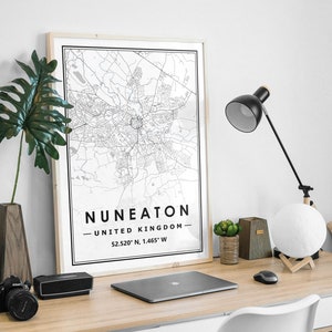 NUNEATON Mapa del Reino Unido decoración minimalista del hogar nórdico escandinavo, sala de estar, dormitorio, impresión de obras de arte de cocina