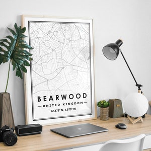 BEARWOOD BIRMINGHAM UK Karte minimale skandinavische nordische Dekoration, Wohnzimmer, Schlafzimmer, Küche Kunstwerk Druck