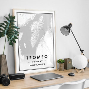 El mapa TROMSØ NORUEGA imprime una decoración minimalista del hogar nórdico escandinavo, sala de estar, dormitorio, impresión de obras de arte de cocina