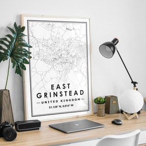 EAST GRINSTEAD UK map minimaliste scandinave nordique décoration de la maison, impression d'oeuvres d'art pour le salon, la chambre et la cuisine