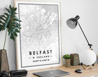 BELFAST NORTHERN IRELAND  map minimal Scandinavian Nordic home decoration, Living room, bedroom, kitchen artwork print Map Prints