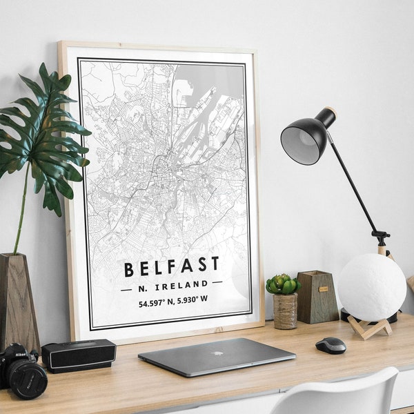 BELFAST NORTHERN IRELAND  map minimal Scandinavian Nordic home decoration, Living room, bedroom, kitchen artwork print Map Prints