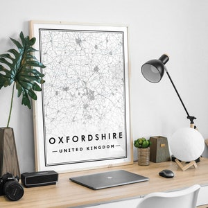 OXFORDSHIRE UK map minimaliste scandinave nordique décoration de la maison, salon, chambre à coucher, impression d'oeuvres d'art de cuisine