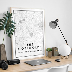 THE COTSWOLDS UK carte minimaliste scandinave décoration de la maison nordique, salon, chambre à coucher, cuisine impression d’art Map Prints
