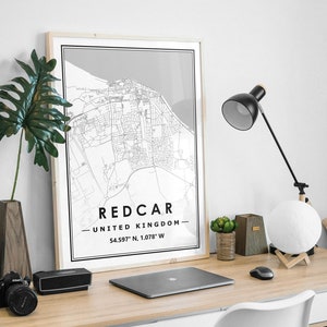 REDCAR UK map minimaliste scandinave nordique décoration de la maison, salon, chambre à coucher, impression d'oeuvres d'art de cuisine