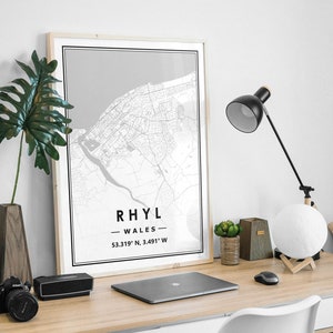 RHYL WALES carte minimaliste scandinave décoration de la maison nordique, salon, chambre à coucher, impression d’œuvres d’art de cuisine