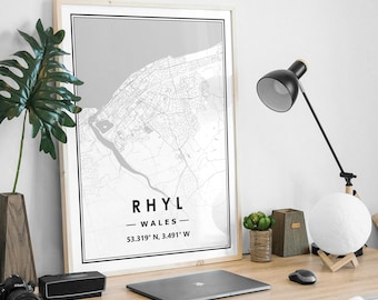 RHYL WALES  map minimal Scandinavian Nordic home decoration, Living room, bedroom, kitchen artwork print