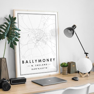 BALLYMONEY IRLANDE DU NORD carte minimaliste scandinave décoration de la maison nordique, salon, chambre à coucher, impression d’œuvres d’art de cuisine