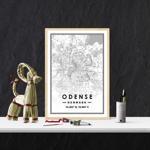 ODENSE DENMARK Karte minimale skandinavische nordische Hauptdekoration, Wohnzimmer, Schlafzimmer, Küche Kunstwerk Karte Drucke