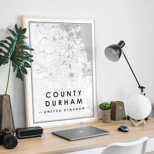 COUNTY DURHAM Reino Unido mapa minimalista decoración nórdica escandinava del hogar, sala de estar, dormitorio, impresión de obras de arte de cocina
