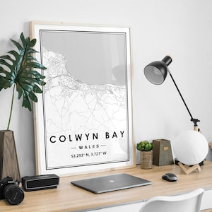 COLWYN BAY WALES mapa minimalista decoración nórdica escandinava del hogar, sala de estar, dormitorio, impresión de obras de arte de cocina