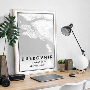 DUBROVNIK CROACIA mapa minimalista decoración nórdica escandinava del hogar, sala de estar, dormitorio, impresión de obras de arte de cocina Impresiones de mapas