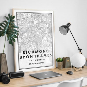 RICHMOND UPON THAMES mapa minimalista decoración nórdica escandinava del hogar, sala de estar, dormitorio, impresión de obras de arte de cocina