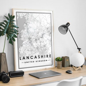 Carte du LANCASHIRE UK minimalisme scandinave, décoration d'intérieur nordique, impression d'oeuvres d'art pour le salon, la chambre et la cuisine