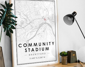 COMMUNITY STADIUM BRENTFORD Portrait map minimal Football club home decoration, Soccer Living room, bedroom,  artwork print Map Prints