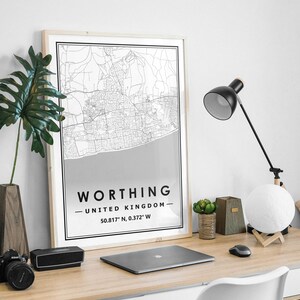 WORTHING UK carte minimaliste scandinave décoration de la maison nordique, salon, chambre à coucher, impression d'œuvres d'art de cuisine