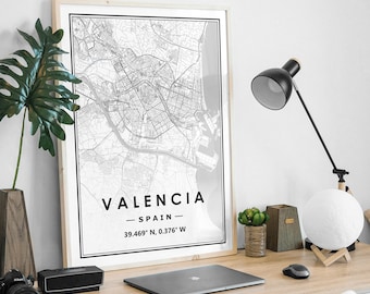 VALENCIA SPAIN  map prints minimal Scandinavian Nordic home decoration, Living room, bedroom, kitchen artwork print