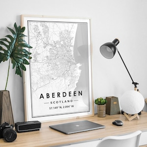 Aberdeen Scotland UK carte minimaliste scandinave décoration de la maison nordique, salon, chambre à coucher, impression d'œuvres d'art de cuisine