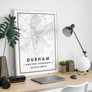 Mapa de DURHAM Reino Unido decoración minimalista del hogar nórdico escandinavo, sala de estar, dormitorio, impresión de obras de arte de cocina