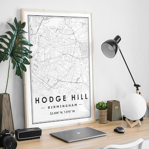 HODGE HILL BIRMINGHAM uk Karte minimale skandinavische nordische Dekoration, Wohnzimmer, Schlafzimmer, Küche Kunstwerk Druck
