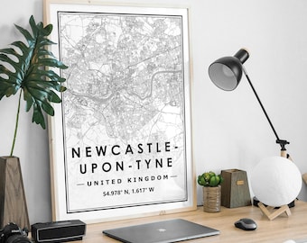 Newcastle-Upon-Tyne UK  map Print minimal Scandinavian Nordic home decoration, Living room, bedroom, kitchen artwork print