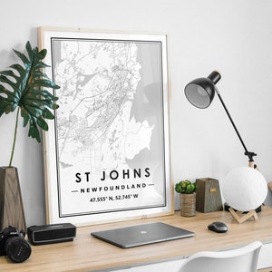 Impression de carte de ST JOHNS TERRE-NEUVE minimaliste scandinave, décoration d'intérieur nordique et impression d'oeuvres d'art pour le salon, la chambre et la cuisine
