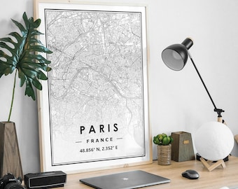 PARIS FRANCE  map prints minimal Scandinavian Nordic home decoration, Living room, bedroom, kitchen artwork print