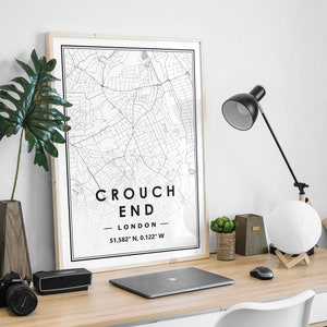 CROUCH END LONDON uk Karte minimale skandinavische nordische Dekoration, Wohnzimmer, Schlafzimmer, Küche Kunstwerk Druck