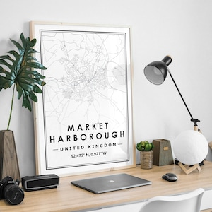 MARKET HARBOROUGH UK Landkarte minimalistische skandinavische Dekoration für Wohnzimmer, Schlafzimmer, Küche