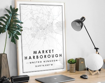MARKET HARBOROUGH UK  map minimal Scandinavian Nordic home decoration, Living room, bedroom, kitchen artwork print