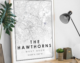 THE HAWTHORNS West Brom Portrait map minimal Football club home decoration, Soccer Living room, bedroom,  artwork print Map Prints