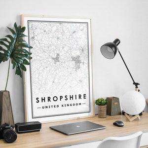 Carte minimaliste du SHROSHIRE UK, décoration scandinave nordique pour la maison, impression d'oeuvres d'art pour le salon, la chambre et la cuisine