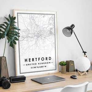 HERTFORD UK Karte druckt minimale skandinavische nordische Dekoration, Wohnzimmer, Schlafzimmer, Küche Kunstwerk