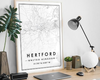 HERTFORD UK  map prints minimal Scandinavian Nordic home decoration, Living room, bedroom, kitchen artwork print