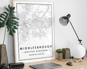 Middlesbrough UK  map prints minimal Scandinavian Nordic home decoration, Living room, bedroom, kitchen artwork print