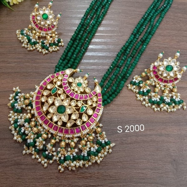 Jadau fine Pacchi kundan set long necklace, Wedding Jewelry, Pendant Set , Green Beads Necklace, Long Haaram with Free Shipping