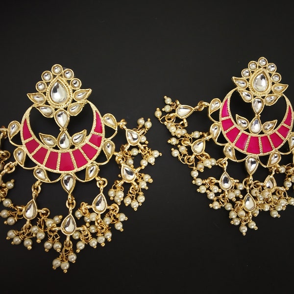Traditional Gold plated Pink Colored Half Moon Pearl Jhumka with Meenakari work | Wedding wear earrings | Jadau kundan wedding earrings set