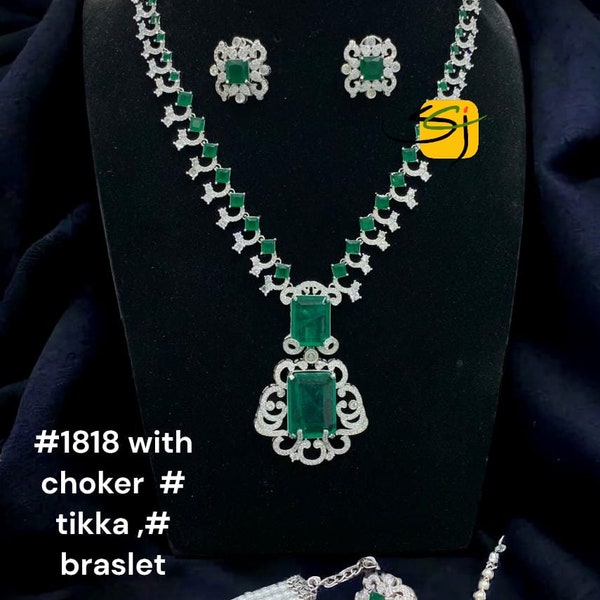 Neeta Ambani Inspired Emerald CZ Long Necklace Combo Set Of 5 (Necklace  ,Choker, Beautiful Tikka, Matching Bracelet With Earrings)