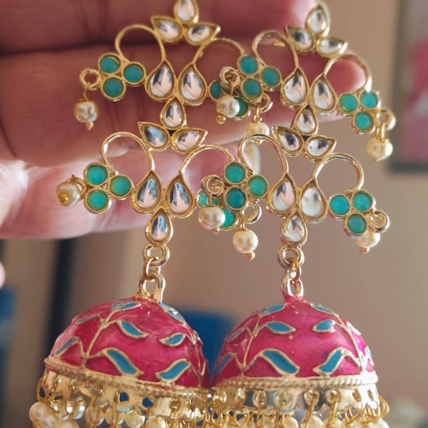 Real Kundan Pink Jhumka Earrings  / Kundan Jhumka  / Sabyasachi Jewelry / Uncut Kundan Polki Pink Earrings By FashionEmpireStudio