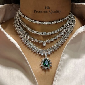 Elegancki naszyjnik z diamentami/zestaw biżuterii/naszyjnik typu statement/biżuteria indyjska/naszyjnik z cyrkonii/pakistański choker/choker z diamentami/zestaw z przezroczystymi kamieniami