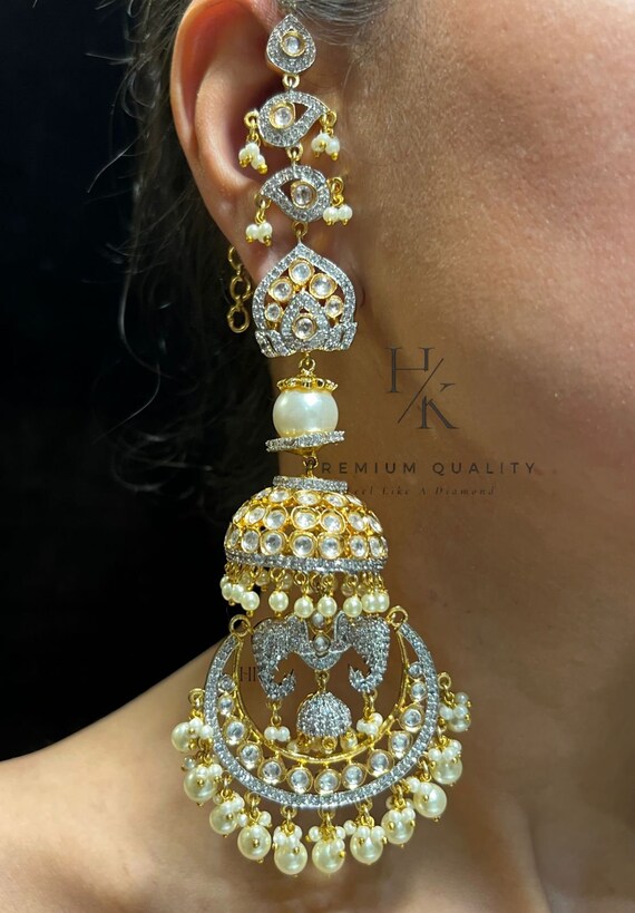 Very Finest Celebrity Long Gold Cz Diamond Kundan Chandbalis Chandler Earrings Big American Diamond Moon Earrings CZ Jhumki Set Etsy