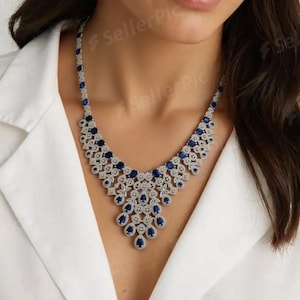 Gargantilla con diamantes azules americanos y pendientes / Conjunto de gargantilla con diamantes azules americanos para novias / Gargantilla de cristal azul con circonitas cúbicas
